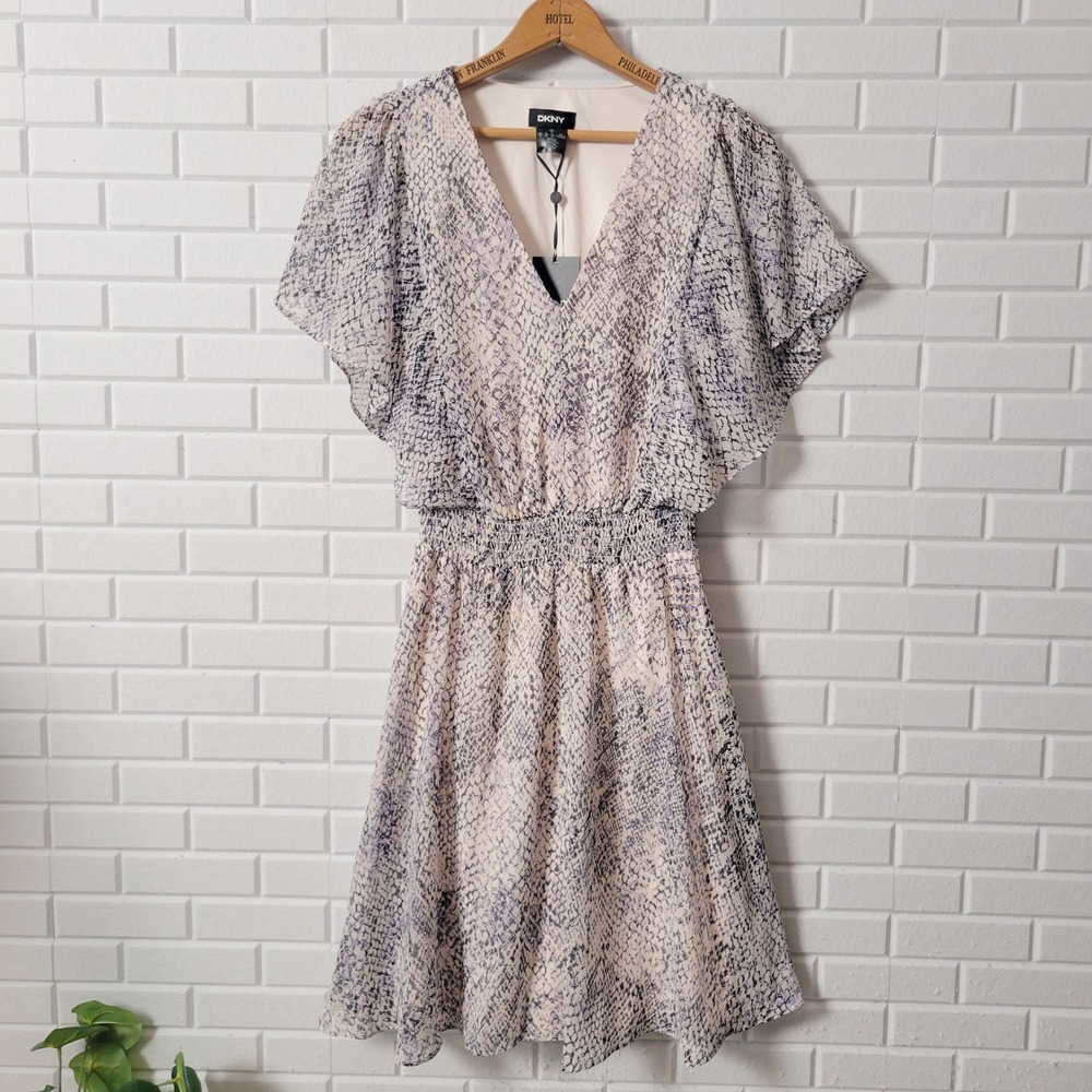 DKNY Flutter Sleeve Dress 8 Navy Pink Snakeskin Print Smocked Waist NWT - Picture 14 of 16